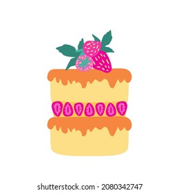 Cake with cream and strawberries. Prasnichny pie. Vector illustration in hand draw style.