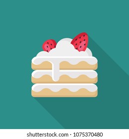 Cake with cream and Strawberry flat icon with long shadow isolated on blue background. Simple cake in flat style, vector illustration for web and mobile design. Bakery vector illustration.