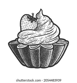 cake with cream and strawberry sketch engraving vector illustration. T-shirt apparel print design. Scratch board imitation. Black and white hand drawn image.
