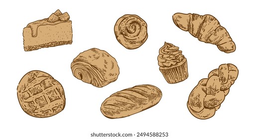 Pan de cruasán de pastel en conjunto de estilo dibujado a mano, boceto de panadería. Dibujo de Elementos de alimentos. pan recién horneado , panadería de insignia para el menú de diseño café, etiqueta y Ilustración vectorial de embalaje