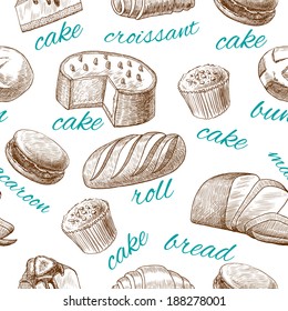 Cake croissant bread roll macaroon bun baking pastry seamless food wallpaper vector illustration
