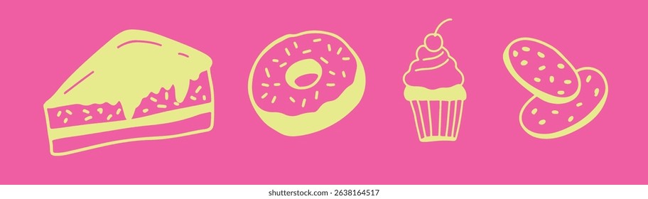 Cake croissant cookies Linear drawing ink	