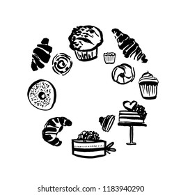 Cake and croissant set. Hand drawn logo for your design