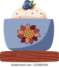 Cake in cup. Blue cup with sunflower. Happy Easter. Cute  Isolated element on transparent background.
