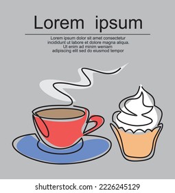Cake and cup of coffee. One line drawing.