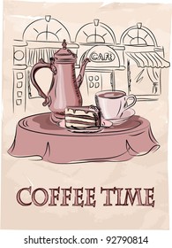Cake, cup and coffee pot on table with background