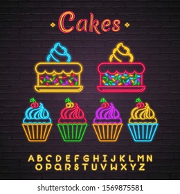 Cake & Cup Cake Neon Light Glowing Vector Illustration. Sweet Silhouette And Alphabet Neon Bright