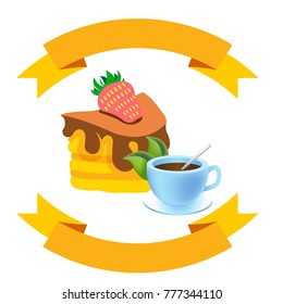 Cake, cup of tea and ribbon banner. Vector illustration isolated on white background for logos, stickers and other items.