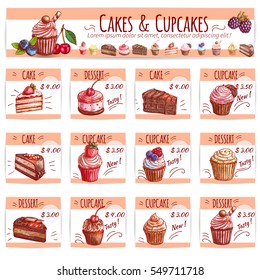 Cake and cupcake bakery menu design template with chocolate cake, cupcake, fruity dessert, muffin, berry pie, cheesecake with cream and fruits, price layouts with copy space