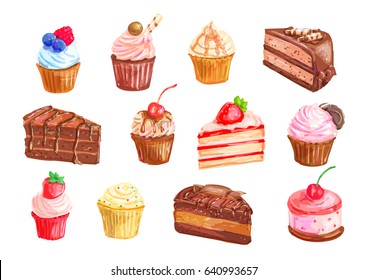 Cake and cupcake dessert set with watercolor illustration of sweet food. Cake, cupcake, cream fruit dessert, chocolate brownie, muffin, strawberry pie and cheesecake with whipped cream and berry