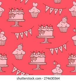 Cake and cupcake hand drawn seamless pattern