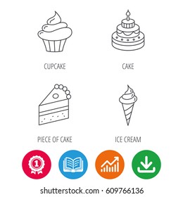 Cake, cupcake and ice cream icons. Piece of cake linear sign. Award medal, growth chart and opened book web icons. Download arrow. Vector
