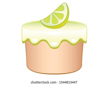 Cake or cupcake in lemon glaze decorated with a slice of lemon - full color vector illustration in pastel colors. Sweet cake with lemon and icing.