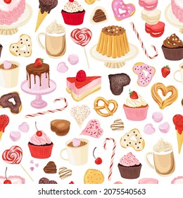 Cake Cupcake Macaron Donut Candy Latte coffee vector seamless pattern. Romantic bakery treats surface design. Valentines day desserts background.