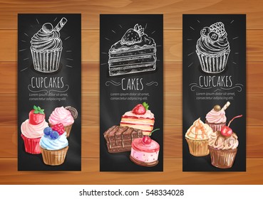 Cake and cupcake menu blackboard banners. Pastry dessert posters with chocolate cake, vanilla cream cupcake, caramel muffin and fruit dessert with fresh berries