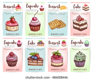 Cake, cupcake, muffin and waffle banners set of pastry desserts with cream, chocolate, fresh cherry, strawberry, raspberry, blueberry fruit. Bakery shop and cafe design