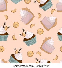 cake and cupcake orange seamless pattern