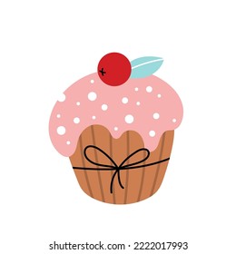 Cake, cupcake, pastry with pink icing and berry on a white background.Vector illustration in flat style