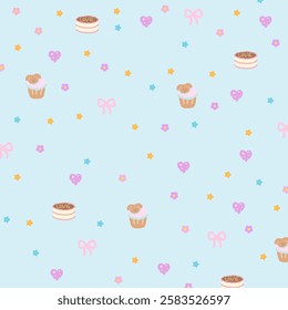 Cake, cupcake, pink ribbon, heart on pastel blue background for birthday card, sweet dessert, wallpaper, food backdrop, grocery shopping, supermarket, picnic blanket, duvet, packaging, gift wrap