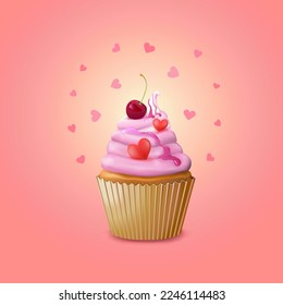 Pastel o pastelitos con crema, mermelada de berry y crema de corazón o muffins o malvaviscos y cerezas con una dispersión de corazones en un fondo rosa cuadrado. Día de San Valentín. Ilustración vectorial.