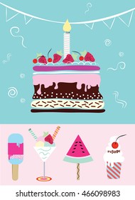 Cake, cupcakes, ice cream .Collection of cute funny birthday item. Wedding, anniversary, birthday, Valentin's day, party invitations. 