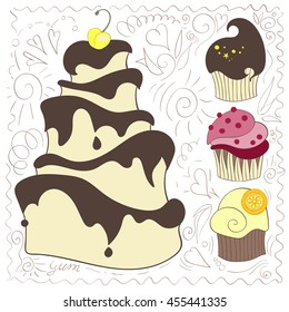 Cake and cupcakes  (muffins) different flavors and colors, vector illustration 