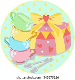 Cake and cups on color round background. Sweet time card