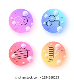 Cake, Currency rate and Palette minimal line icons. 3d spheres or balls buttons. Like icons. For web, application, printing. Sweet cake, Financial exchange, Color pantone. Social media dislike. Vector