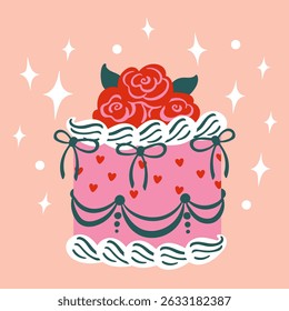 Pastel en Ilustración vectorial de estilo coqueta linda. Ilustración dibujada a mano para pegatinas, estampados, invitaciones de boda.