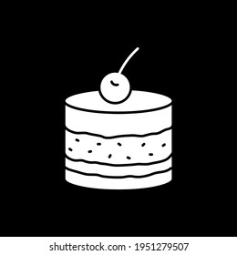 Cake dark mode glyph icon. Sweet dessert. Cafe pastry and bakery product. Treat with cream and cherry on top. Restaurant cupcake. White silhouette symbol on black space. Vector isolated illustration