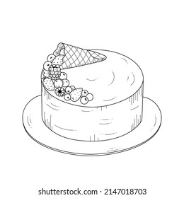Cake decorated with berries. Sketch, outline on white background. Dessert for the design of pastry shop.