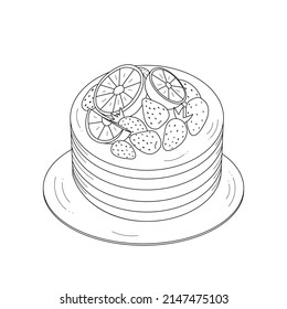 Cake decorated with berries. Sketch, outline on white background. Dessert for the design of pastry shop.