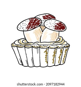 A cake decorated with buttercream mushrooms. Decorative element for design. Hand drawing on a white background