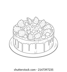 Cake decorated with cookies. Sketch, outline on white background. Dessert for the design of pastry shop.