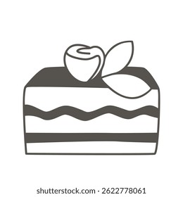 Cake decorated with cream rose with leaf. Square piece of sweet holiday cake black and white hand drawn illustration. Doodle sketch style icon, slice of cake, vector element