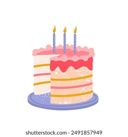 Pastel decorado con velas festivas sobre un fondo blanco. Un trozo de tarta de cumpleaños. Sentimiento festivo. Ilustración vectorial