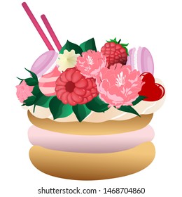Cake decorated with flowers and sweets. Vector art