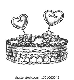 Cake Decorated Hearts And Creamy Flower Ink Vector. Festive Valentine Day Delicious Sweet Cake For Loving Couple Engraving Template Hand Drawn In Vintage Style Black And White Illustration
