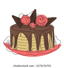 Cake decorated with ice cream and chocolate icing lineart vector. Chocolate pie on plate isolated illustration. Sweet festive delicious pastries one line