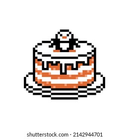 Cake decorated with penguin figure, cute pixel art dessert icon isolated on white background. Nostalgic old school retro vintage 80s, 90s 8 bit slot machine, computer, video game graphics.