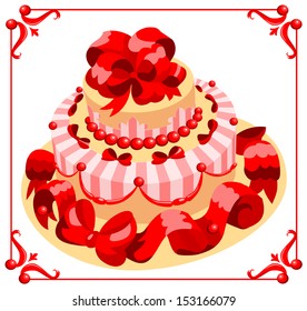 Cake decorated with red bows and ornaments
