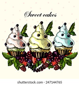 Cake decorated with sweet berries and fruits, on a light background, hand drawing, vector.