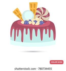 Cake decorated with sweets and crimson icing color flat icon