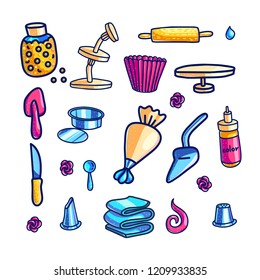 Cake Decorating Tools Hand Drawn Color Illustrations Set. Doodle Cupcake Baking And Icing Supplies. Baking Stuff Clipart Collection. Bakery, Cake Making. Confectionery Isolated Vector Design Elements