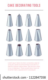 Cake Decorating Tools. Set Of 12 Icing Tips, Including Writing, Star, Leaf, Petal, Basketweave. Front View. Vector Illustration. Place For Text.