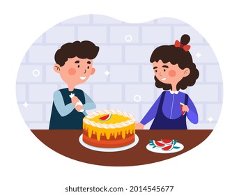 Cake decoration concept. Young children prepare sweet dessert with cream and fruit. Boy and girl do housework. Funny siblings in kitchen. Cartoon flat vector illustration isolated on white background