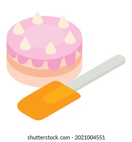 Cake decoration icon isometric vector. Beautiful cake and orange kitchen spatula. Dessert, pastry, confectionery