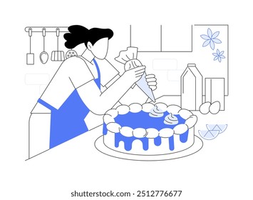 Decoração de bolo ilustrações isoladas de vetor de desenhos animados. Menina aprendendo como decorar um bolo, doces saborosos, aula de mestre de pastelaria, hobby culinário, cozinhar fim de semana pop-up cursos vetor cartoon.