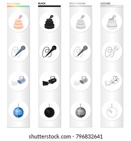 Cake decoration, a microphone for conducting an event, a smoke plant, a glistening ball.Event Service set collection icons in cartoon black monochrome outline style vector symbol stock illustration