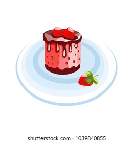 Cake with a delicate pink cream and strawberries. Dessert. Isolated object. Vector illustration

